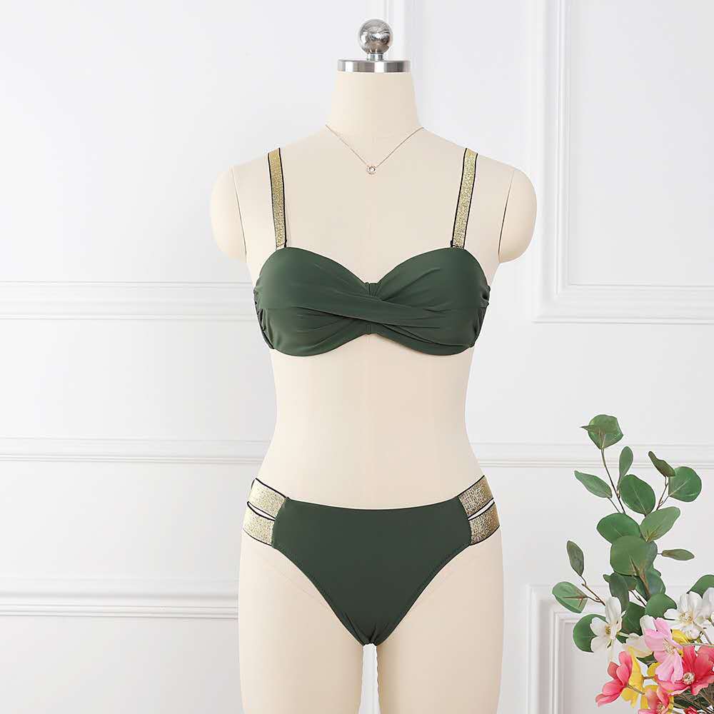 Solid Color Bandeau Bikini Set With Push Up Cups And Ruched Mid Waist Bottom