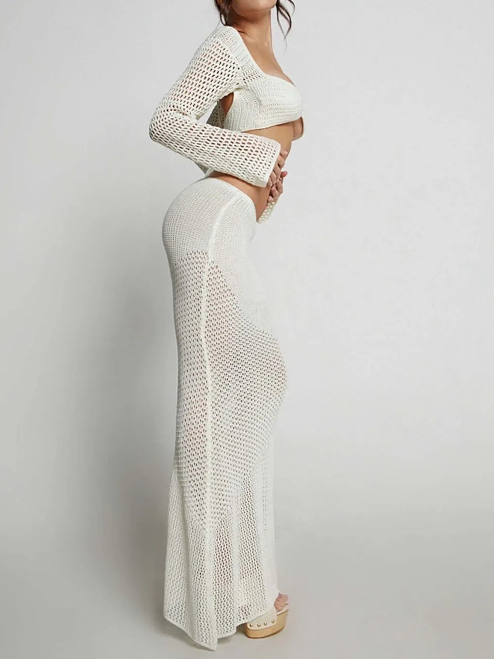 Tied Openwork Long Sleeve Top And Skirt Cover Up Set by Trendsi