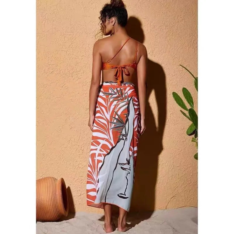 Solid One Shoulder Bead Bikini Set With Skirt 3 Pieces For Women Beachwear by eprolo