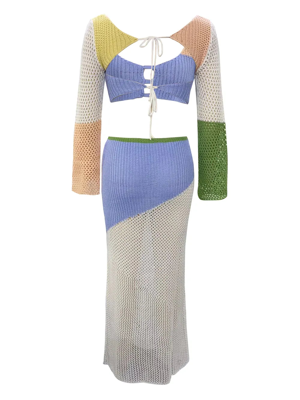 Tied Openwork Long Sleeve Top And Skirt Cover Up Set by Trendsi