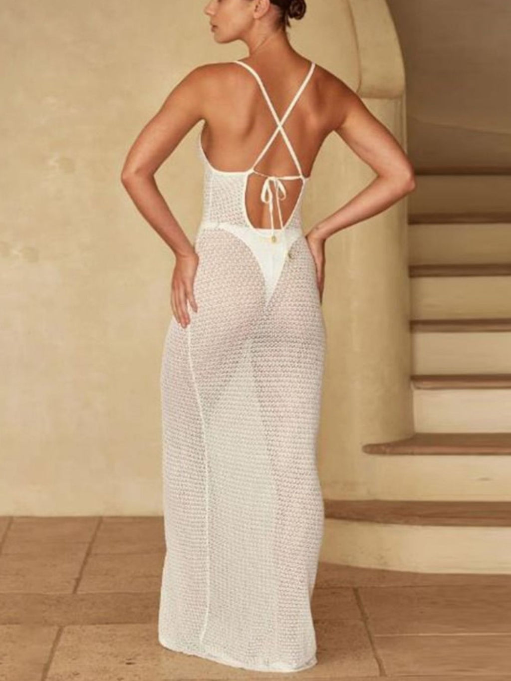 Crochet Knit Slit Beach Cover Up Dress Openwork Lightweight by Trendsi