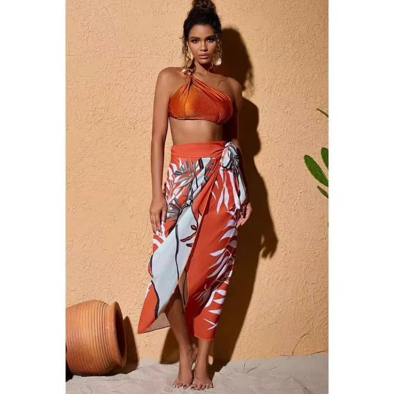 Solid One Shoulder Bead Bikini Set With Skirt 3 Pieces For Women Beachwear by eprolo