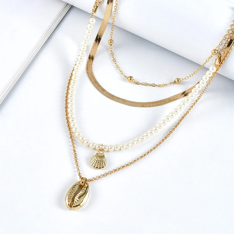 Boho Pendant Necklace Set for Women – Vintage Gold Faux Pearl Multilayer Jewelry