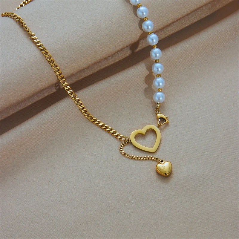 Elegant Gold Heart Pearl Necklace