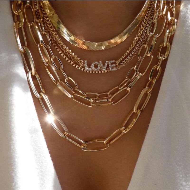 Vintage Gold Color Multi-Layer Necklace Set - Boho Crystal Pendant Jewelry for Women