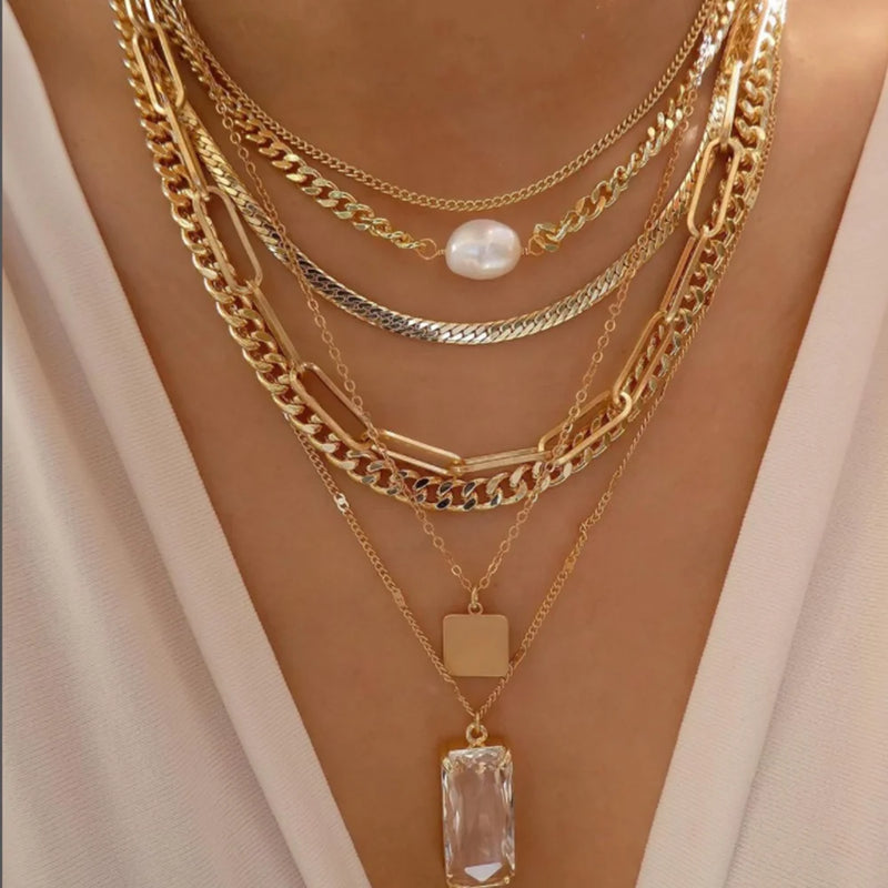 Vintage Gold Color Multi-Layer Necklace Set - Boho Crystal Pendant Jewelry for Women