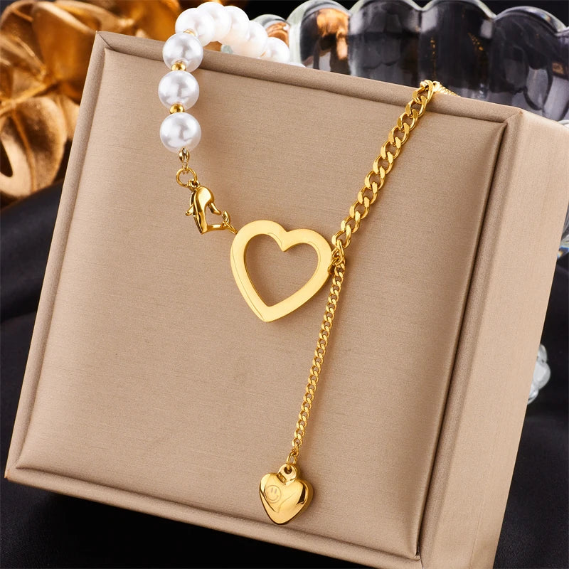 DIEYURO Gold Heart Pearl Pendant Necklace - Stainless Steel Jewelry for Women