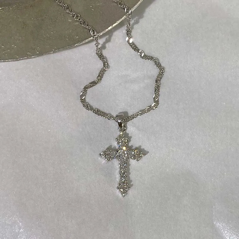 Shiny Crystal Zircon Cross Pendant Necklace - Punk Silver Chain Jewelry for Women & Girls