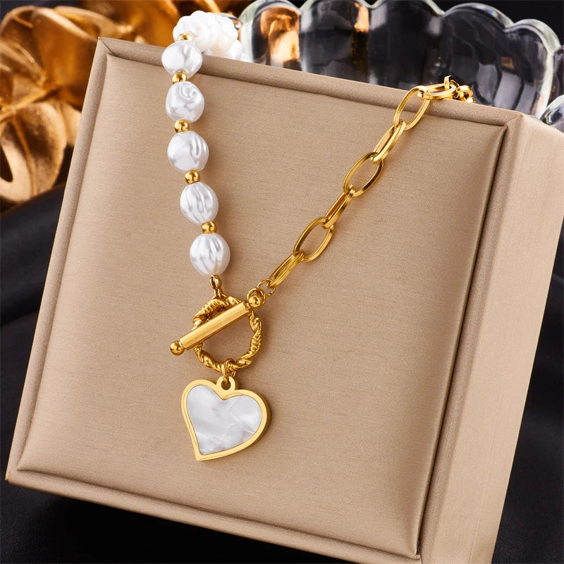 DIEYURO Gold Heart Pearl Pendant Necklace - Stainless Steel Jewelry for Women