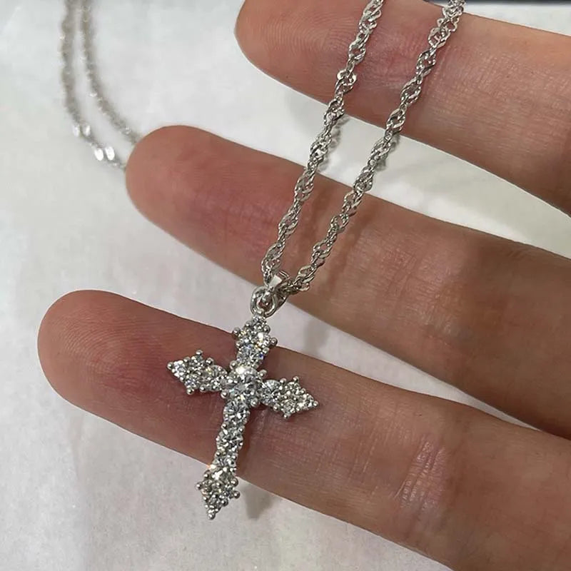 Shiny Crystal Zircon Cross Pendant Necklace - Punk Silver Chain Jewelry for Women & Girls