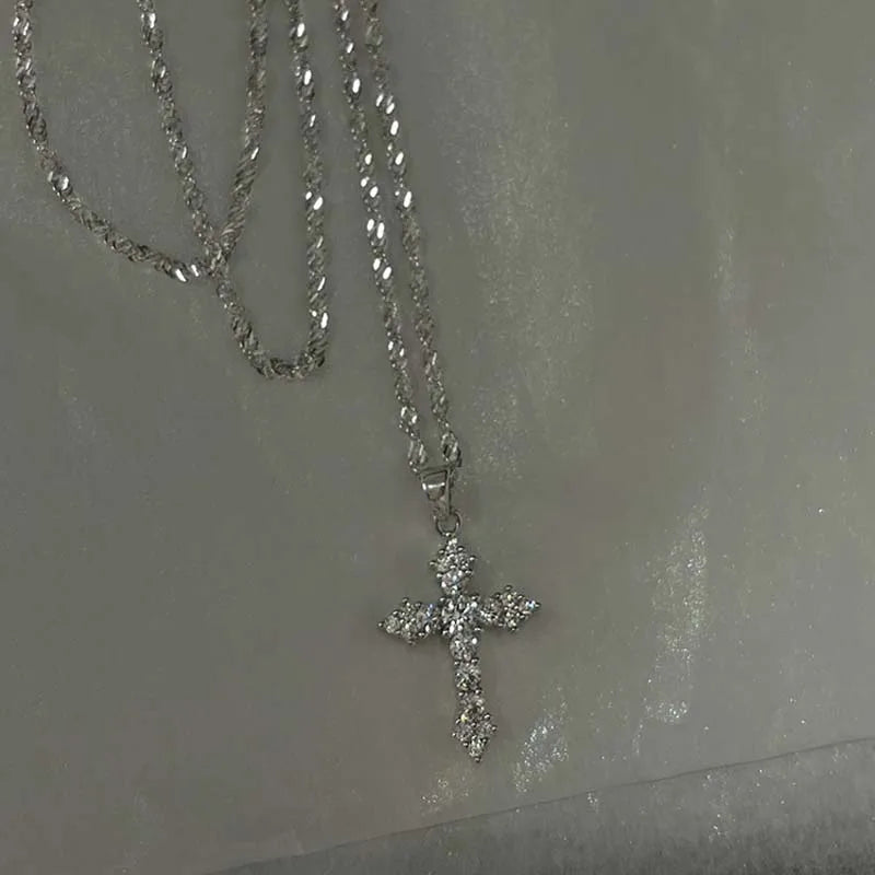 Shiny Crystal Zircon Cross Pendant Necklace - Punk Silver Chain Jewelry for Women & Girls