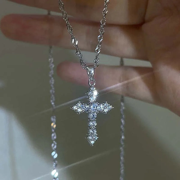 Shiny Crystal Zircon Cross Pendant Necklace - Punk Silver Chain Jewelry for Women & Girls