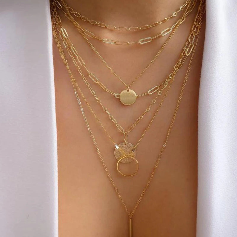 Vintage Gold Color Multi-Layer Necklace Set - Boho Crystal Pendant Jewelry for Women