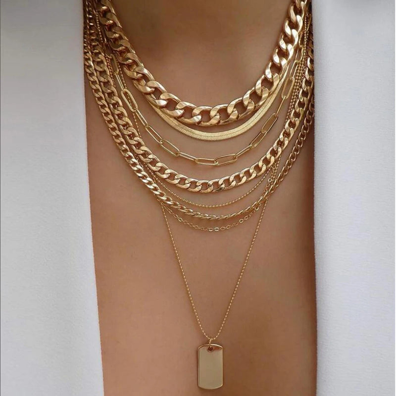 Vintage Gold Color Multi-Layer Necklace Set - Boho Crystal Pendant Jewelry for Women