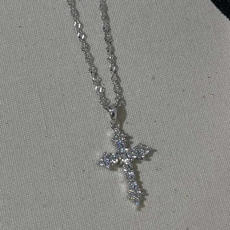 Shiny Crystal Zircon Cross Pendant Necklace - Punk Silver Chain Jewelry for Women & Girls