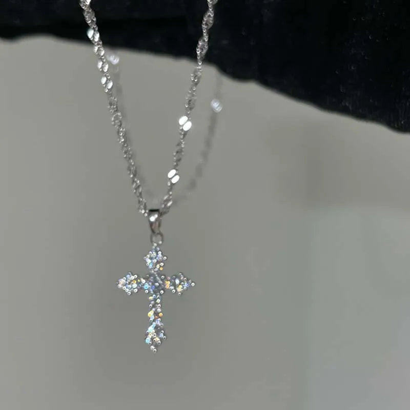 Shiny Crystal Zircon Cross Pendant Necklace - Punk Silver Chain Jewelry for Women & Girls