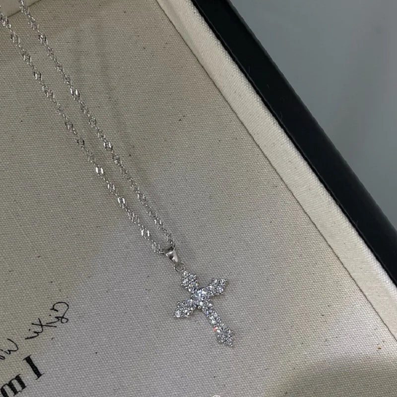 Shiny Crystal Zircon Cross Pendant Necklace - Punk Silver Chain Jewelry for Women & Girls