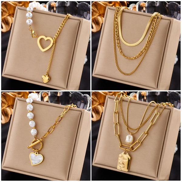 DIEYURO Gold Heart Pearl Pendant Necklace - Stainless Steel Jewelry for Women