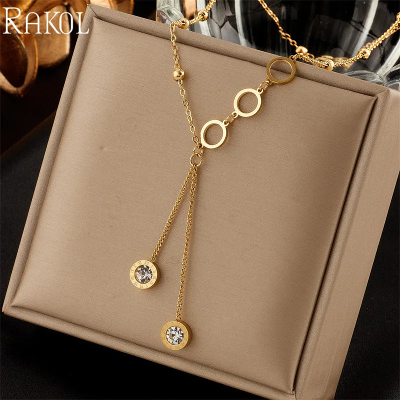 RAKOL Stainless Steel Roman Numerals Necklace - Gold-Color Zircon Pendant for Women