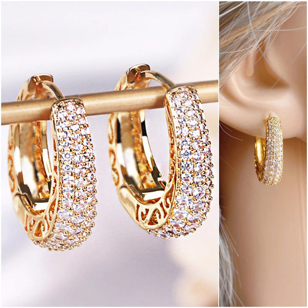 Huitan Luxury CZ Hoop Earrings - Gold Color Hollow Design for Women