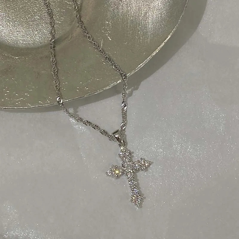 Shiny Crystal Zircon Cross Pendant Necklace - Punk Silver Chain Jewelry for Women & Girls