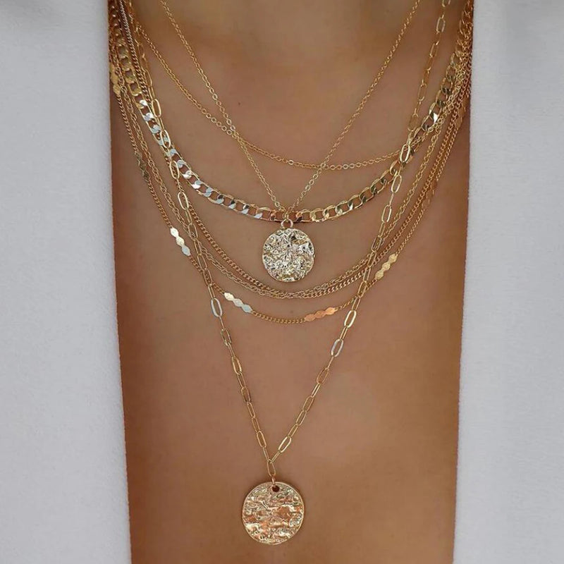 Vintage Gold Color Multi-Layer Necklace Set - Boho Crystal Pendant Jewelry for Women