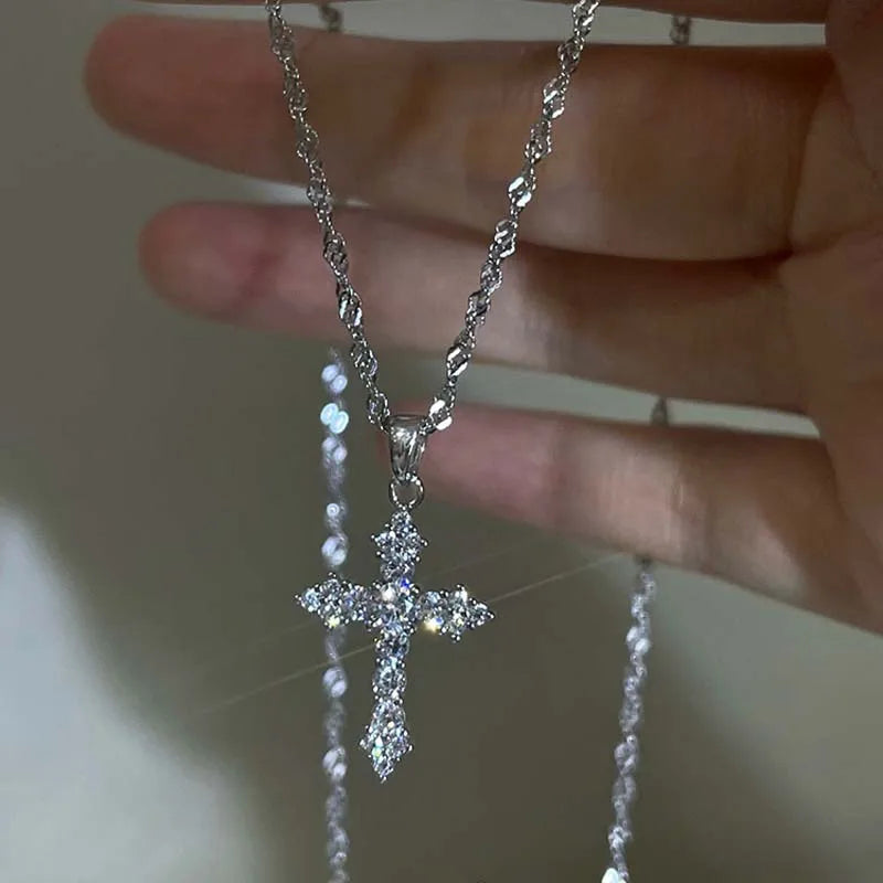 Shiny Crystal Zircon Cross Pendant Necklace - Punk Silver Chain Jewelry for Women & Girls