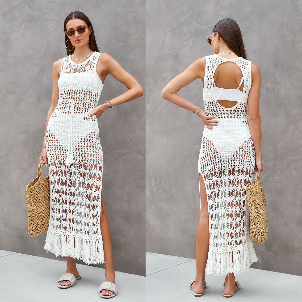 Hollow Knit Tassel Dress Cover Up for Beach Days and Sun by La Sirène Salée