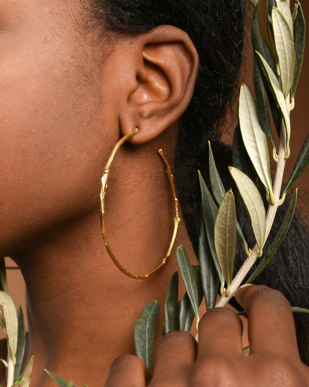 Olive Branch Hoop Earrings: Gold Plated Nature Jewelry (7cm Hoops)