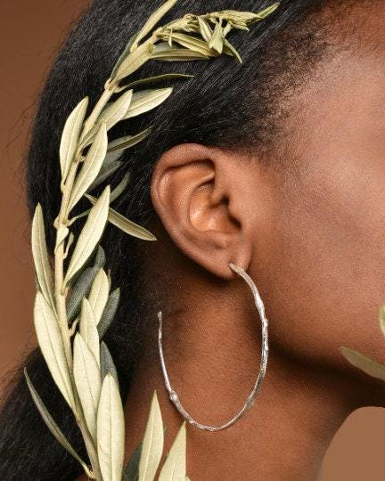 Olive Branch Hoop Earrings: Gold Plated Nature Jewelry (7cm Hoops)