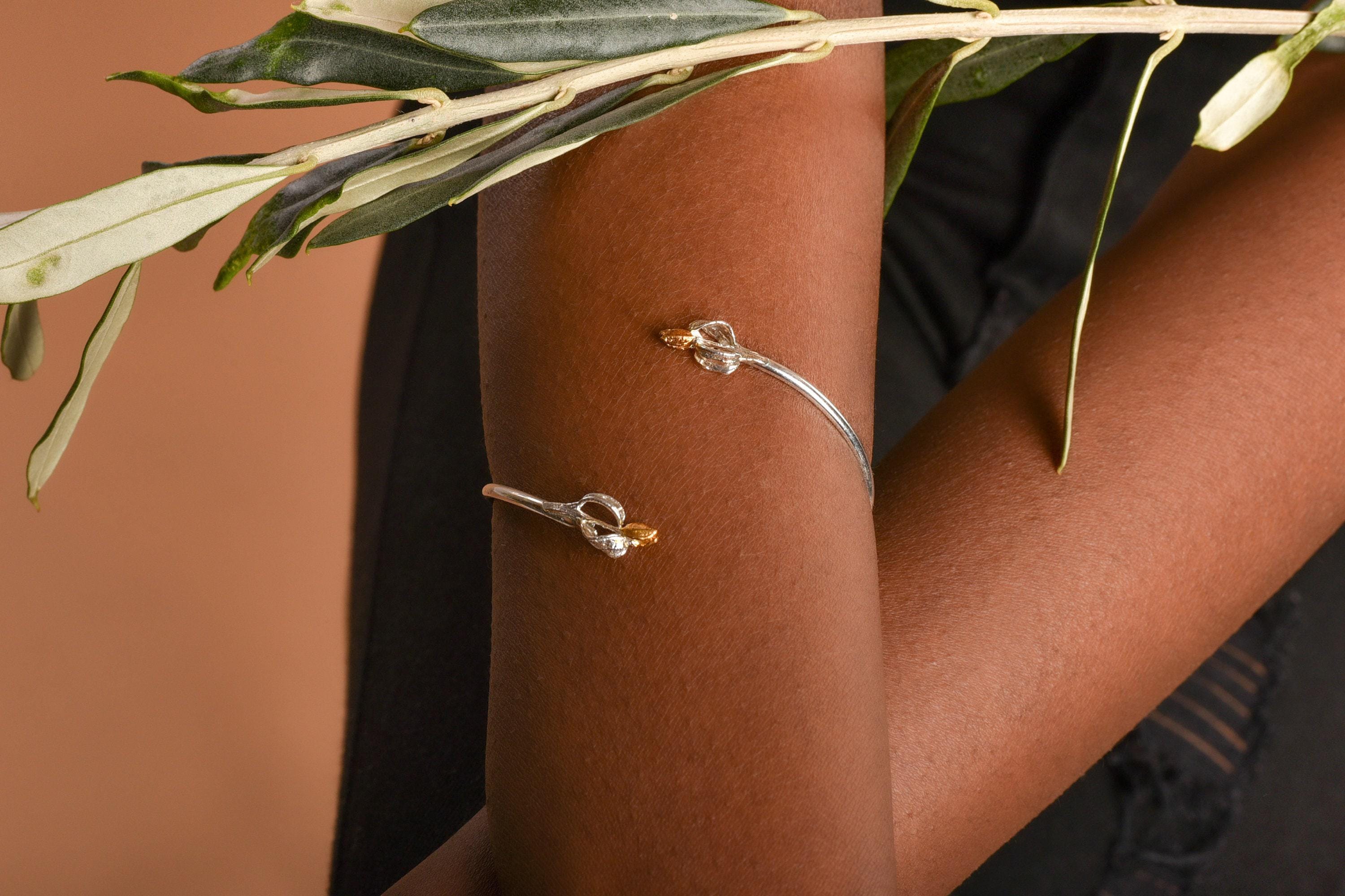 Nature-Inspired Olive Branch Cuff Bracelet, Two-Tone Silver (Adjustable)